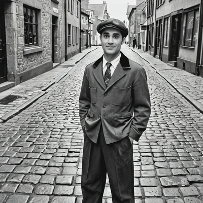 in 1940s newsboy outfit, standing on a cobblestone street, captured in black and white