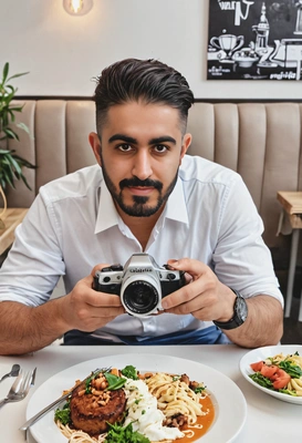 a food blogger capturing a photo of the meal at a trendy café, white colors