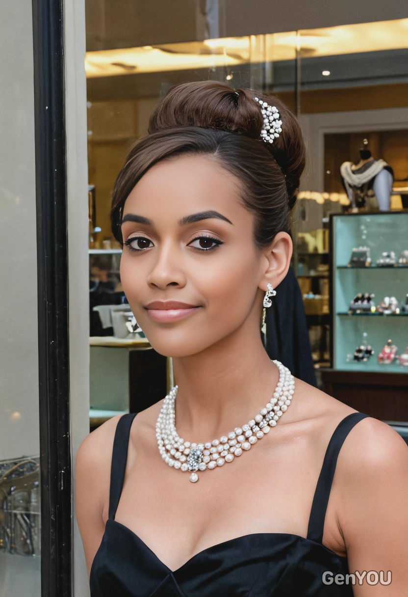 as Holly Golightly from Breakfast at Tiffany's, headshot, in a black gown and pearls, looking into a jewelry store window