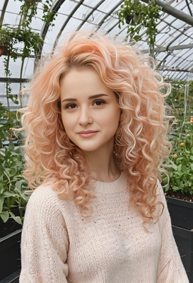 voluminous curly hair dyed in pastel peach and cream tones, styled naturally, with a botanical greenhouse as the background