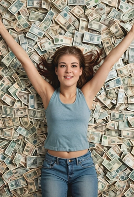 lying on the back, stacks of banknotes around, full body, top view, arms spread out, happy face, blurred background, cinematographic style