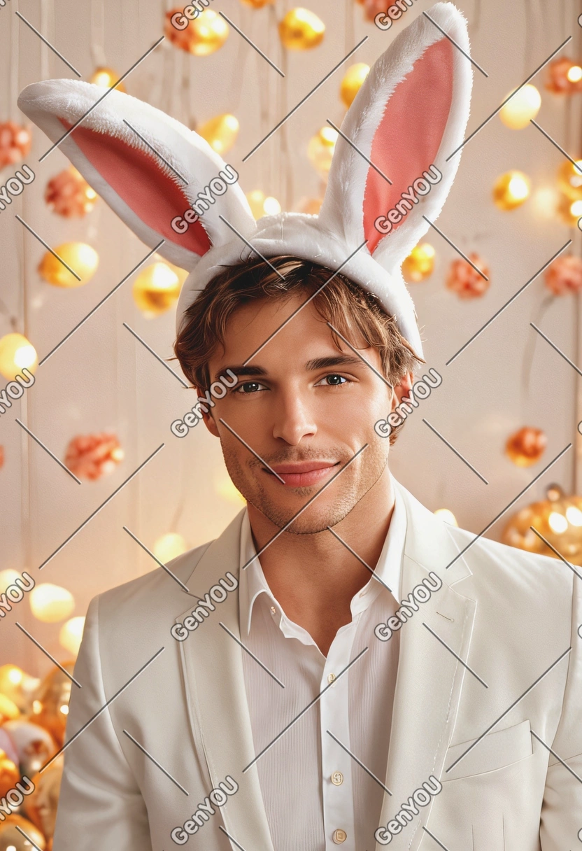 iPhone camera quality, sharp high-quality, realistic skin texture, dreamy look, mid-shot photo, in a white suit, wearing bunny ears, blurred easter party with glowing bulbs background, golden hour