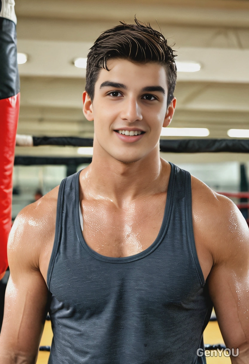 a sweaty rugged man in workout clothes in the boxing ring