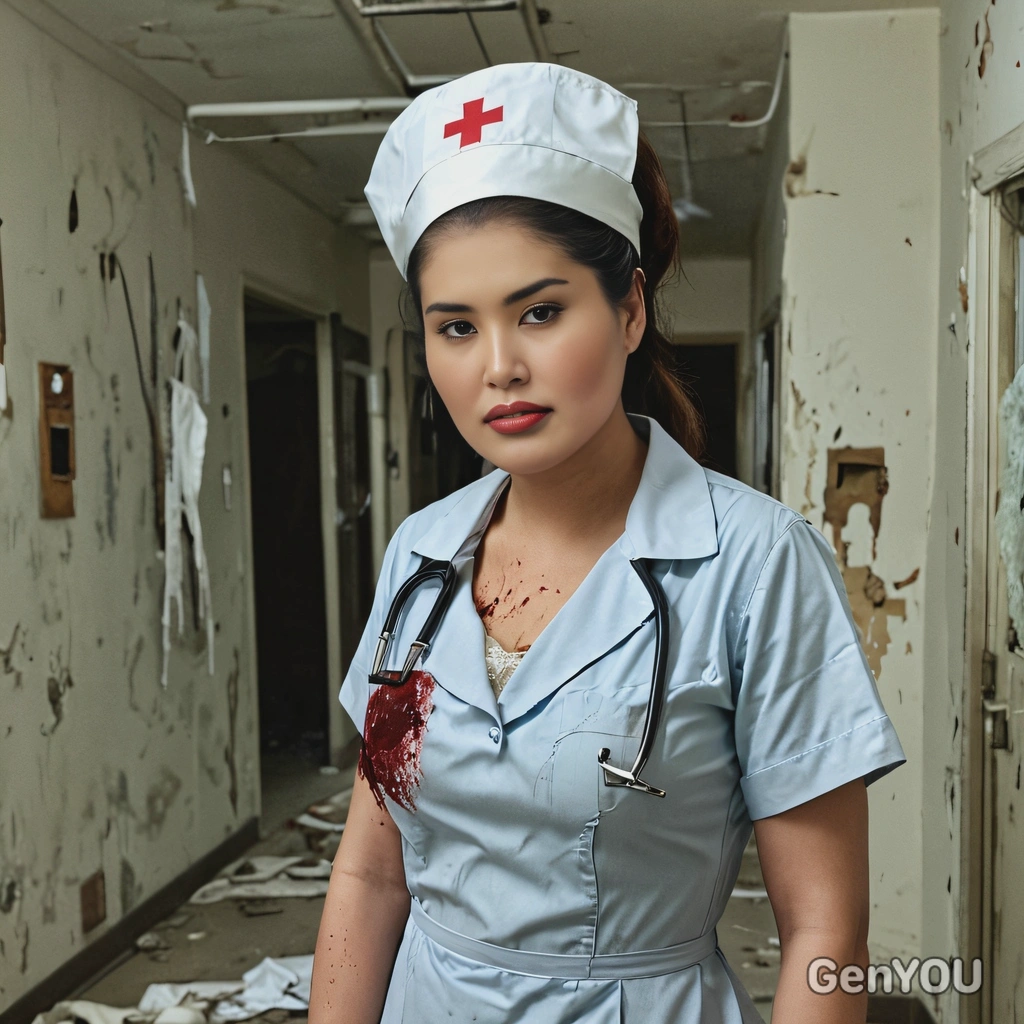 as a creepy nurse, standing in a decayed haunted hospital room 