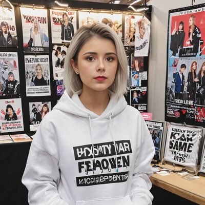 as a K-pop fandom leader, wearing a custom fan club hoodie, organizing a fan event booth decorated with posters, lightsticks, and banners