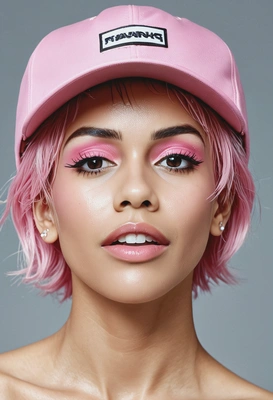 wet pink-colored makeup, symmetrical details, short hair, snapback, young, looking up
