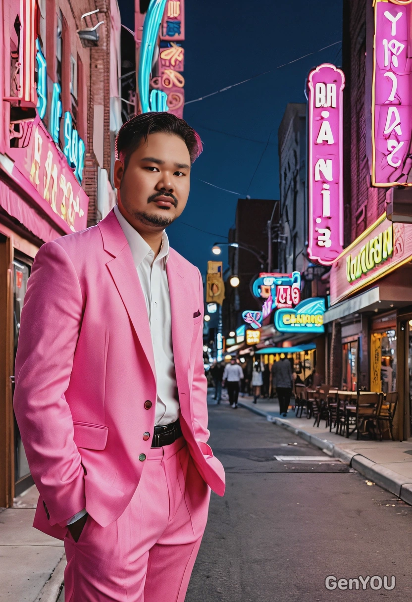 inspired by BTS's Boy With Luv, wearing a vibrant pink suit, standing on a retro-themed street filled with neon signs and a diner