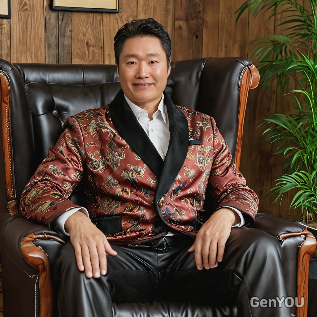 in a smoking jacket, sitting in a plush leather chair in a wooden lounge