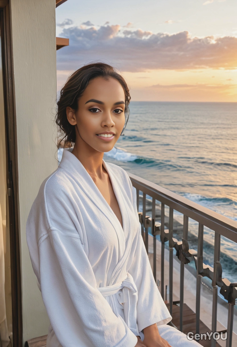 as a woman in a soft robe, sitting on the balcony of a luxury hotel room, watching the sunrise over the ocean, look at the camera, half body portrait 