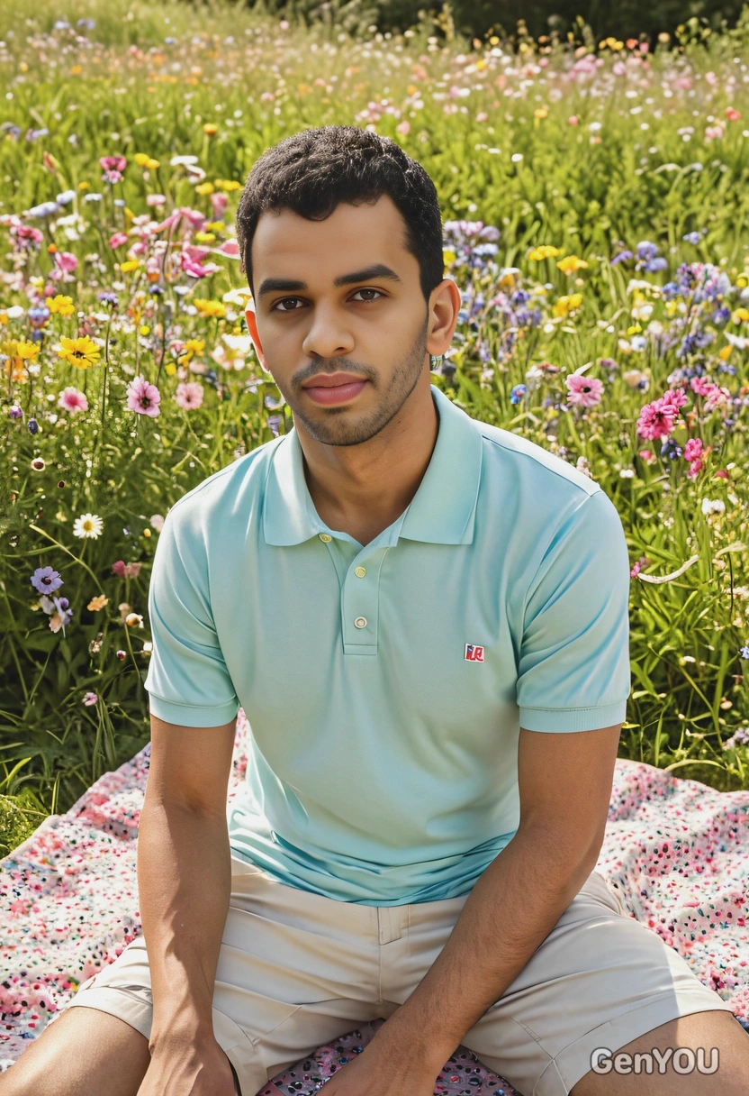 wearing a pastel polo shirt and light shorts, sitting on a picnic blanket in a meadow full of colorful wildflowers, with soft sunlight shining down, half body portrait 