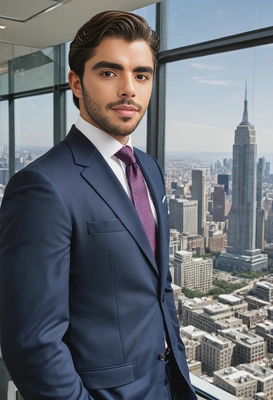 as a high-powered CEO, in a tailored suit, standing in a glass-walled office overlooking a bustling metropolis