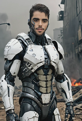 A combat-ready soldier with cybernetic body, leading a team through a dystopian battlefield