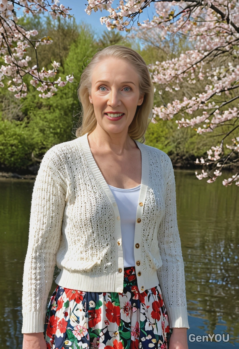 wearing a light cardigan and a floral skirt, standing near a serene lake surrounded by blossoming trees and soft, vibrant spring foliage, half body portrait 