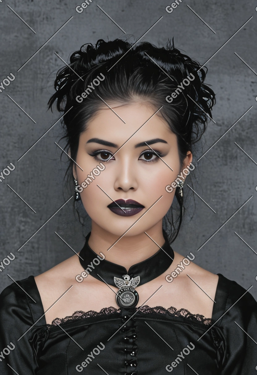 as a goth girl from the 90s, with black lipstick and gothic makeup, giving a mysterious stare against a simple yearbook backdrop