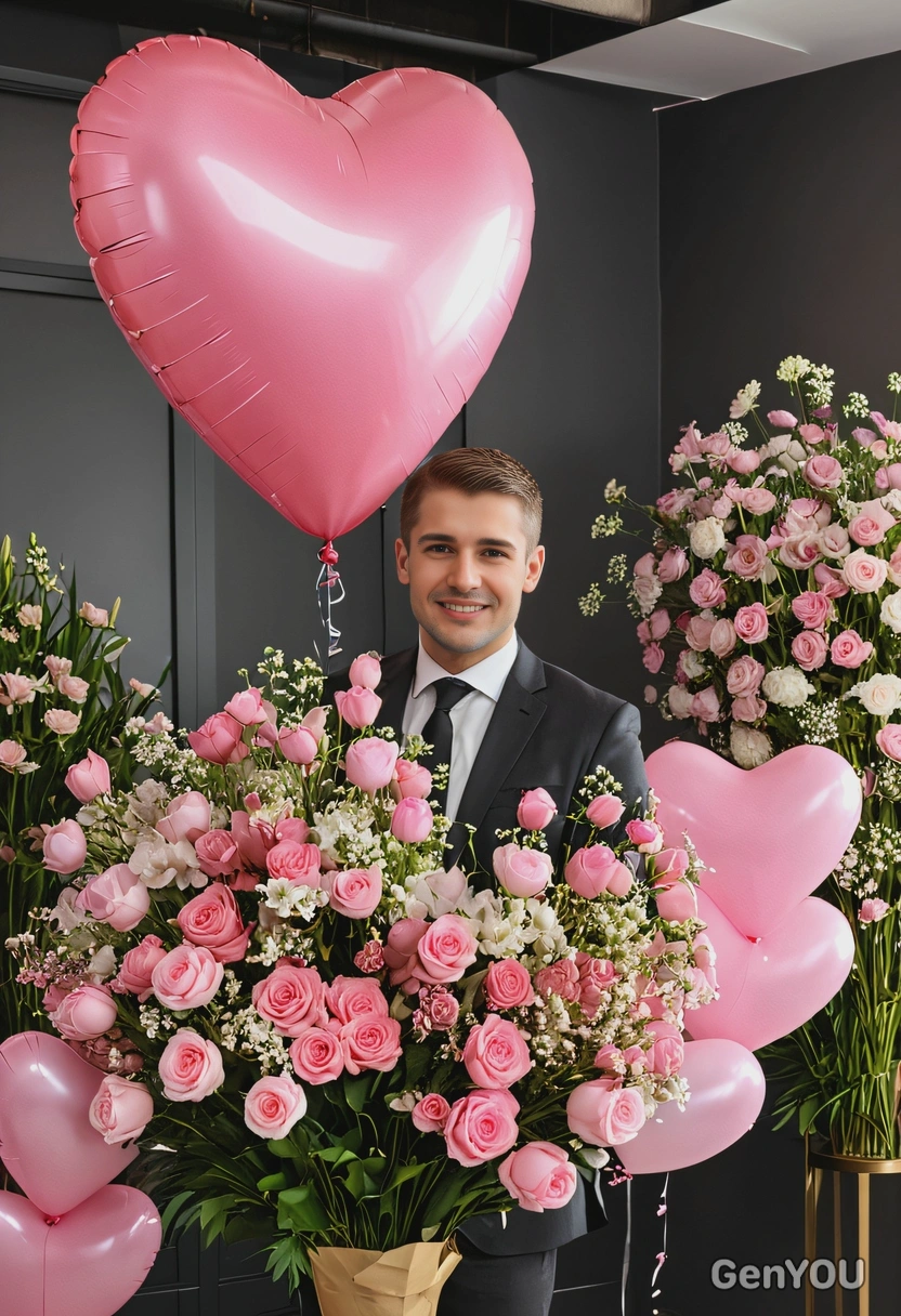 as CEO standing behind an enormous bouquet of valley flowers in front of himself on a Valentine's Day, office background, monochrome pink heart balloons in the back, high-quality photo, indoor lighting, golden hour