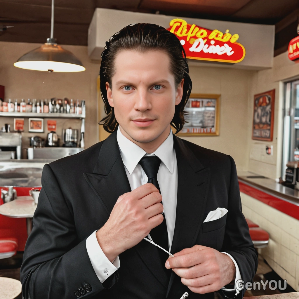as Vincent Vega from Pulp Fiction, in a bolo tie and suit, in the retro diner 