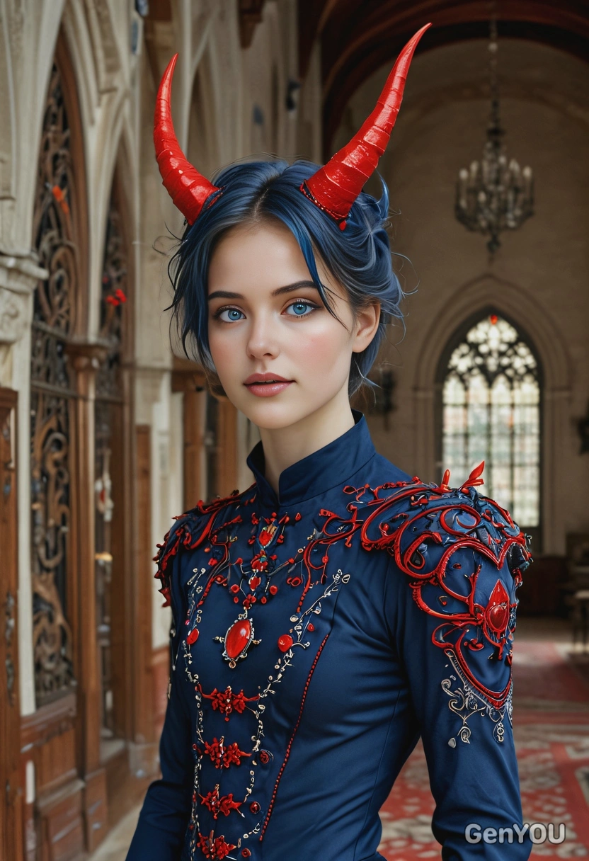 I am a slender, short demon with red horns, wavy dark blue hair, and pale skin. I am standing in a gothic hall, wearing a beautiful, unusual red fantasy costume embroidered with precious stones.