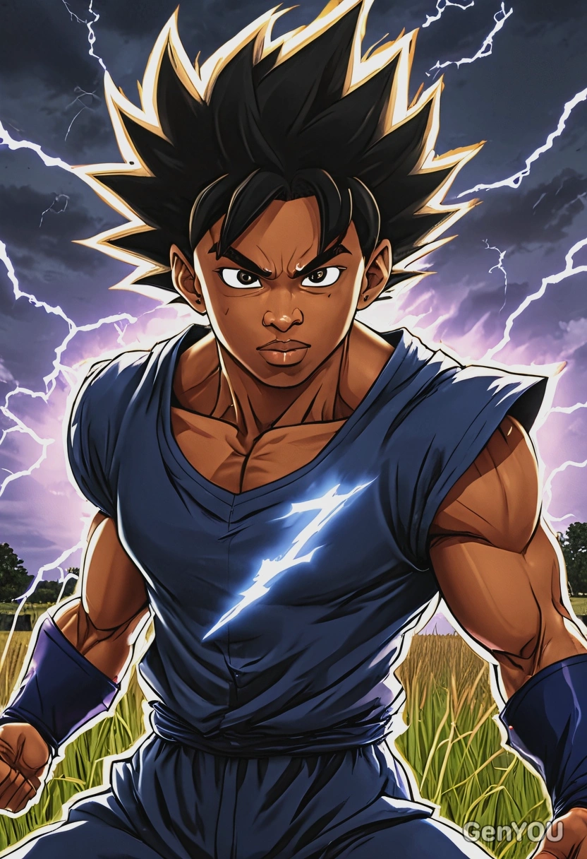 Goku powering up in a field with lightning surrounding him, anime style, big eyes, manga drawing