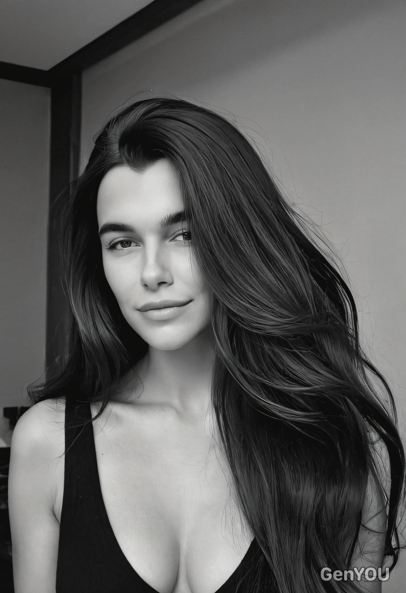 with luxurious voluminous long dark hair in natural state in a black and white picture looking in front of me, photo shoot to please instagram