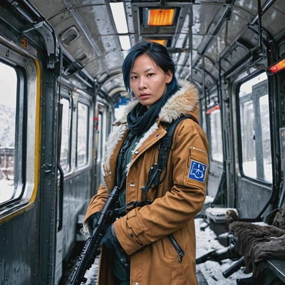 as a cosplayer of post-apocalyptic movie, cyberpunk, standing inside a train carriage, old dirty fur coat, rifle in hands, soldiers, mountains, snowy winter, dramatic combat scene, looking straight at camera, vivid colors, high-quality cinematographic style