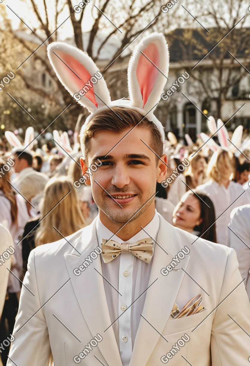iPhone camera quality, sharp high-quality, dreamy look, mid-shot photo, in a white suit, wearing bunny ears, blurred easter party crowded background, golden hour