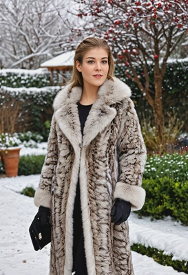 wearing a luxurious fur coat, garden with snow background, blurred background