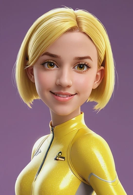 3D cartoon Disney style, Honey Lemon from Big Hero 6, oversized cartoon big sparkling eyes, waist-up portrait, wearing a yellow outfit with futuristic accents, cheerful pose, glowing tech lab background