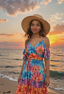 as a woman, with a stunning sunset backdrop, wearing a breezy summer dress and a wide-brimmed hat, with the sky ablaze with colors