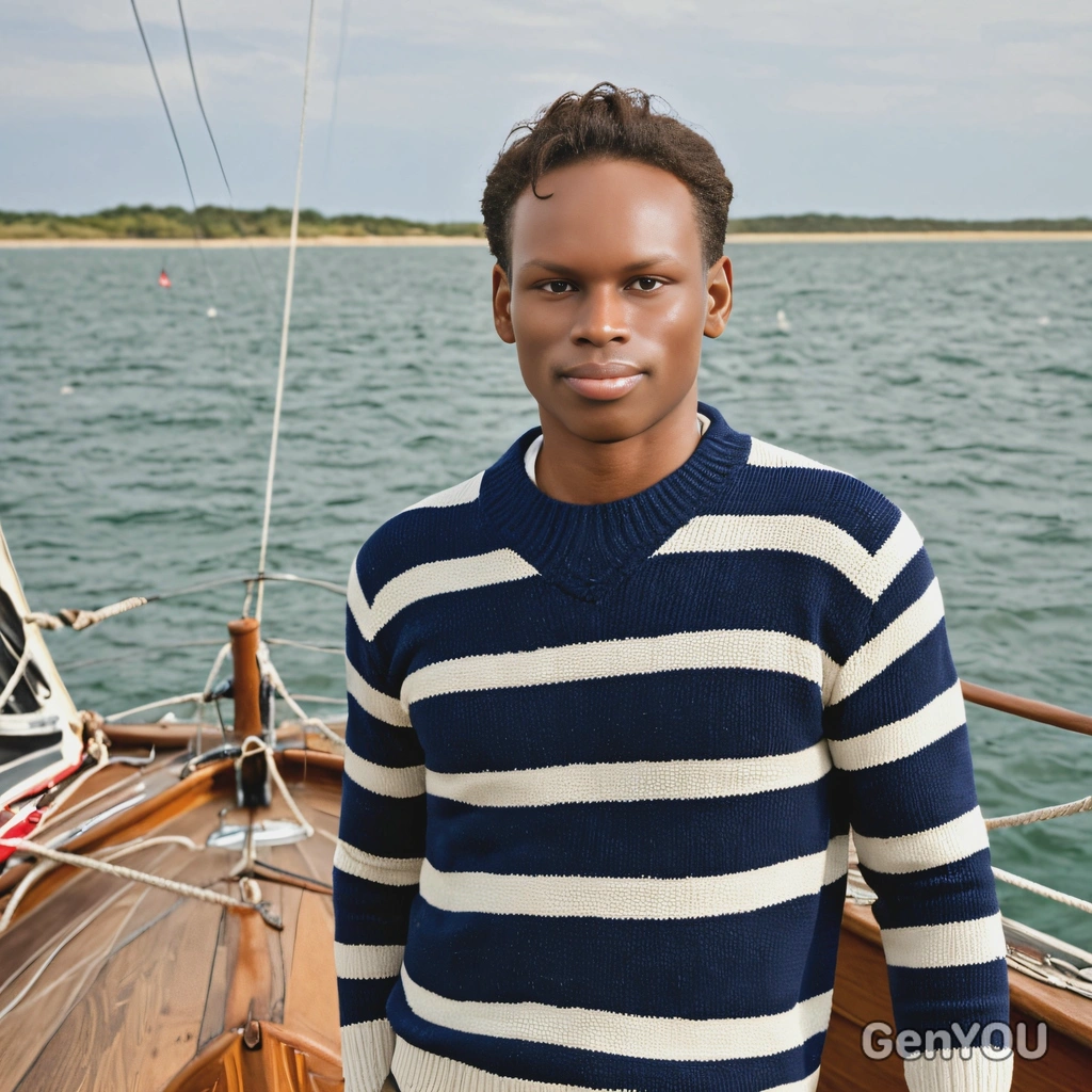 mid-shot, in a nautical striped sweater, on a vintage wooden sailboat