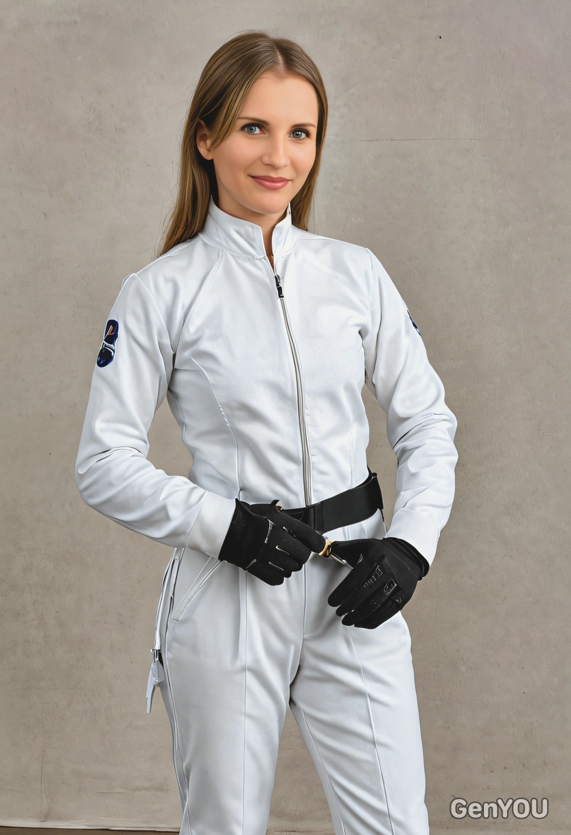 as a fencer, dressed in a white fencing uniform