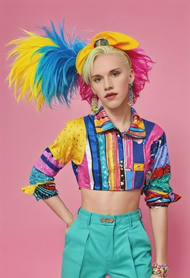 dressed in a playful, colorful outfit with oversized accessories, standing on a set filled for a fun K-pop music video, half body 