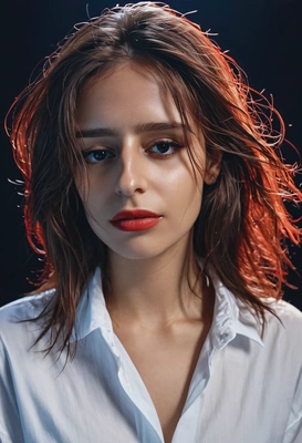 a moody beauty, close-up portrait with flowing hair, wearing a loose white shirt, cinematic blue and red neon lighting, sharp focus on face, soft parted lips, dreamy intense look, dark blurred background