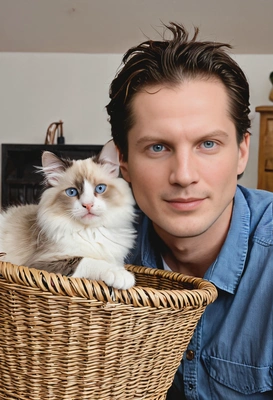 with a Ragdoll cat in a basket