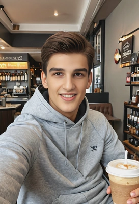 selfie-style shot, in a simple grey tracksuit, with a coffee shop’s cozy corner in the background
