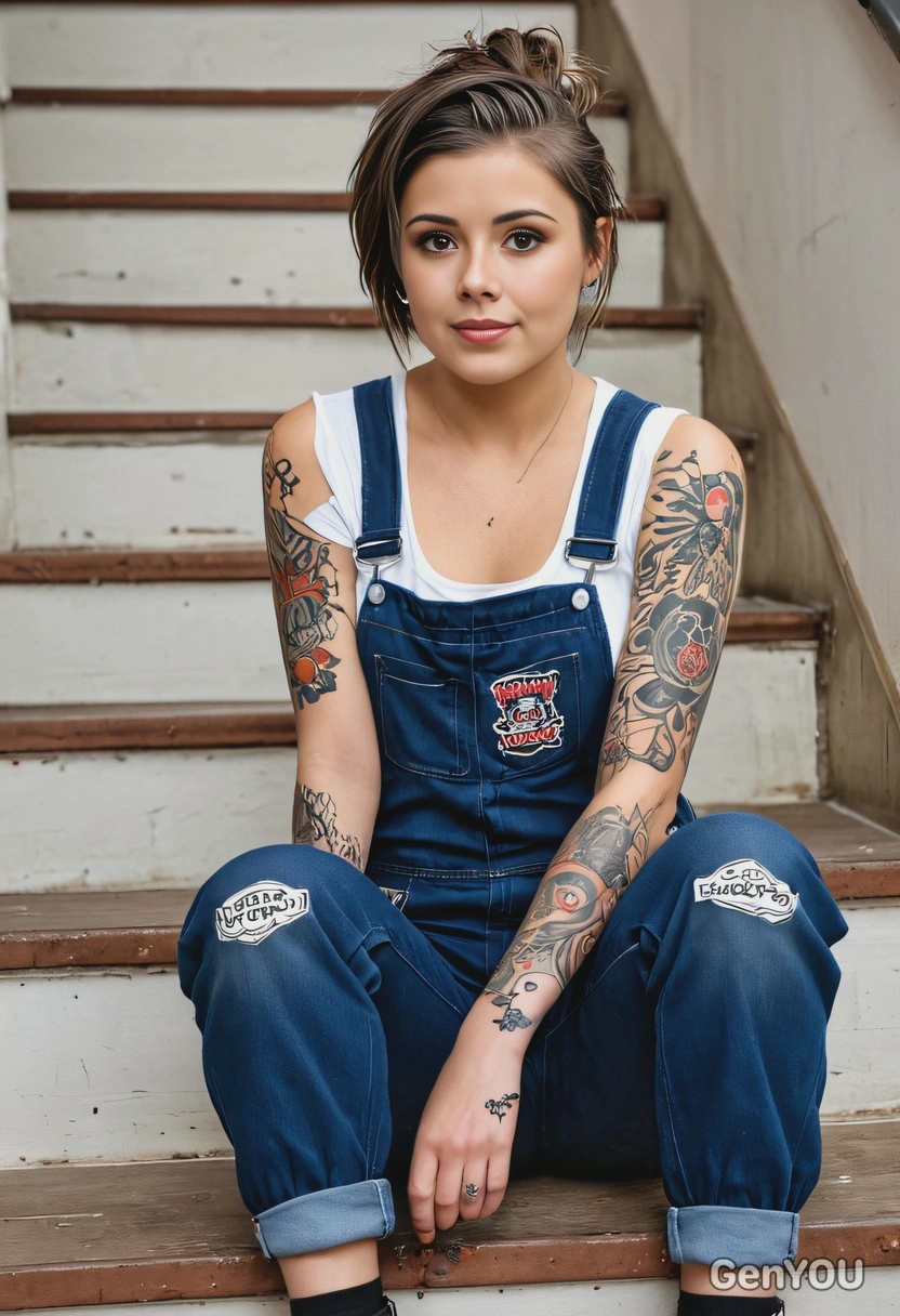 in punk overalls and suit with rolled-up sleeves, stickers, tattoos, sitting on stairs, blurred background,  symmetrical details, leaning on her hands
