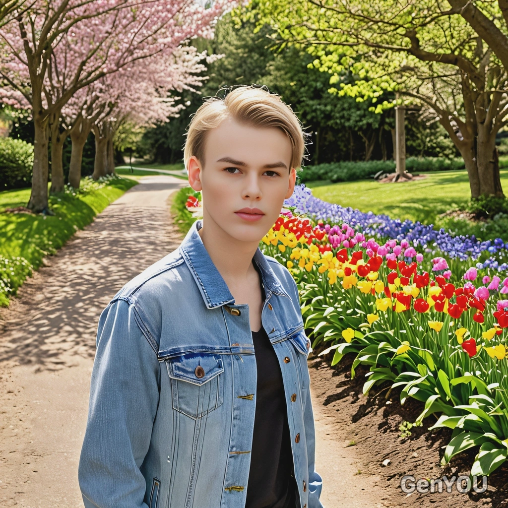wearing a light denim jacket and sneakers, standing along a path lined with colorful spring flowers, sunlight filtering through the trees, half body portrait 