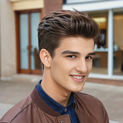 pompadour with a low fade and deep chestnut brown tones, soft focus, blurred background