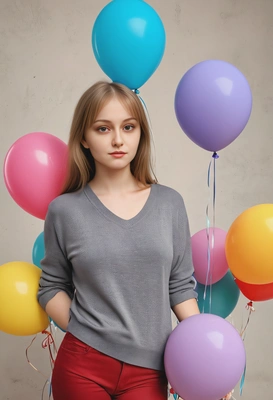 Standing with balloons, looking forward