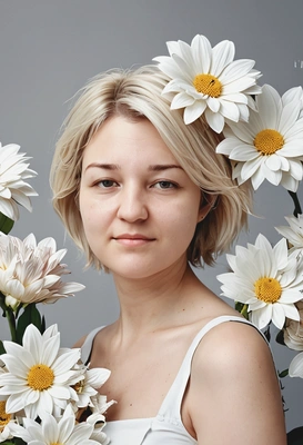 magazine photoshoot style, flowers, artistic, geometry, blurred background, photorealistic