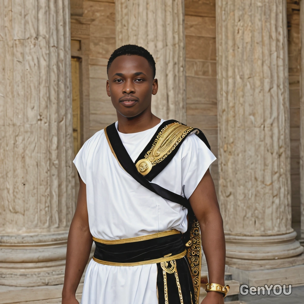 dressed as a Roman senator, wearing a toga