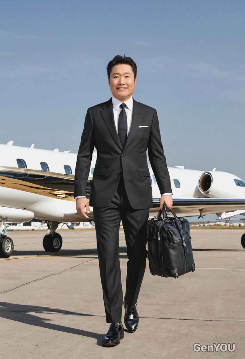 on the runway of a private jet, wearing a classic black suit