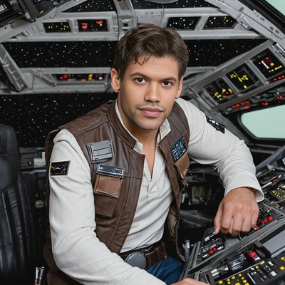 as  Han Solo, leaning against the controls of the Millennium Falcon 