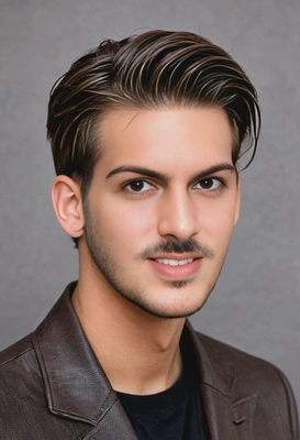 longer, slicked-back hair with a natural dark brown finish, soft focus, blurred background