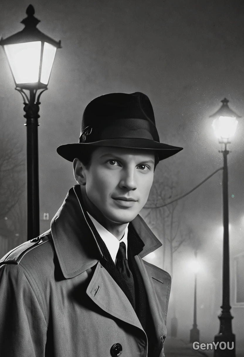 black and white mid-shot of a suave 1940s film noir detective in a fedora and trench coat under a streetlamp on a foggy night 