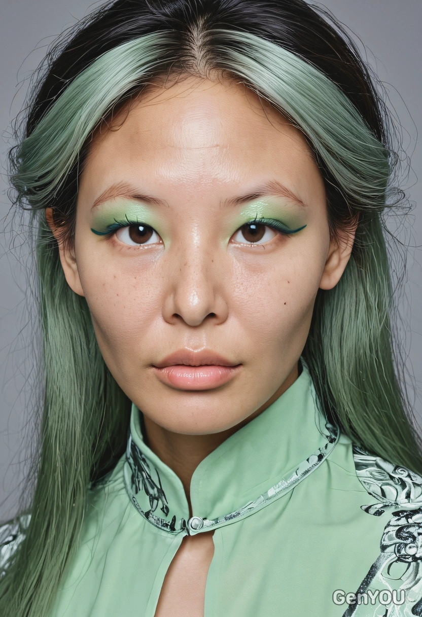 makeup photo, long hair, blouse, smoky-eyes makeup, pastel green, symmetrical details