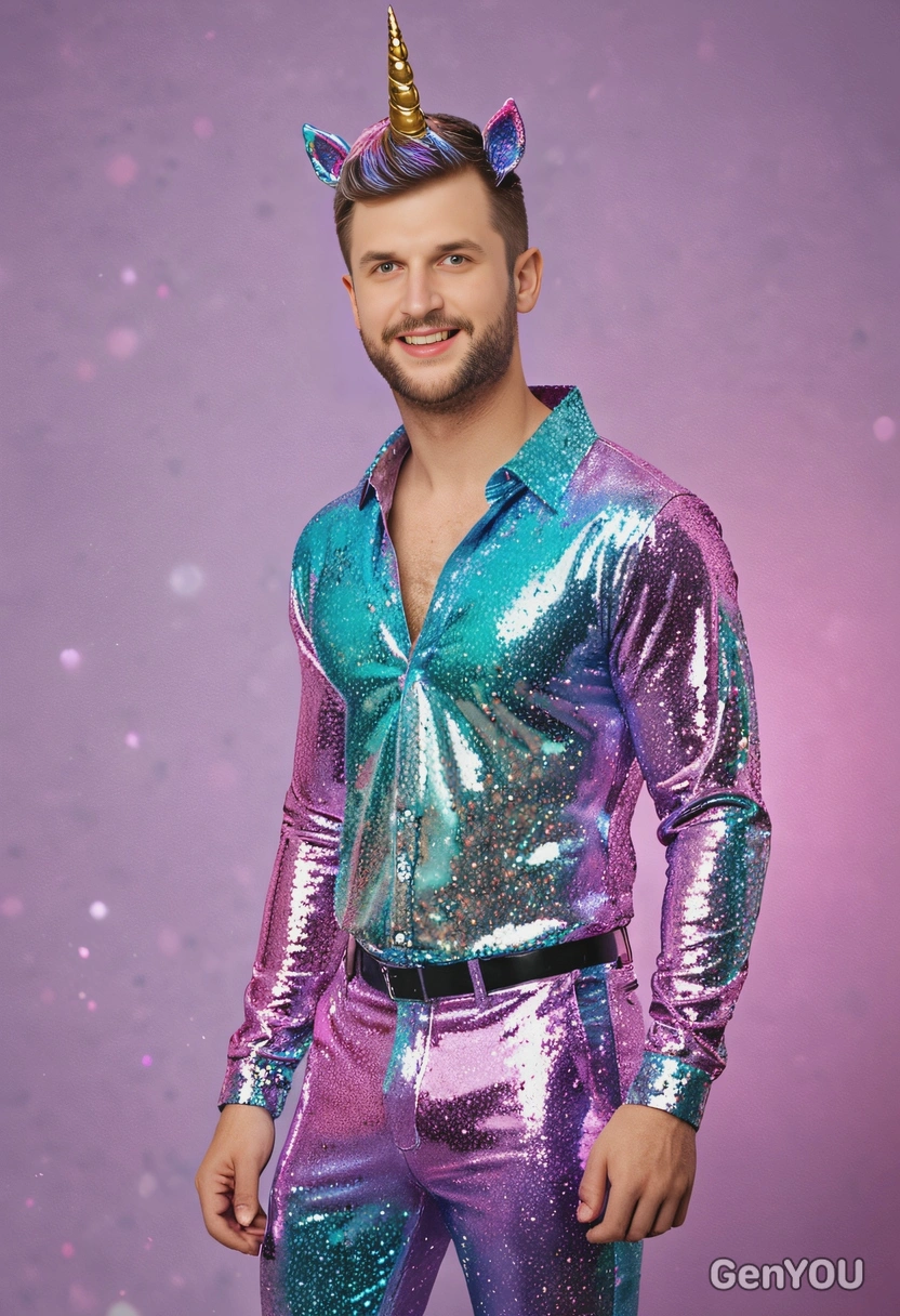 as unicorn with lots of glitter and vibrant colors, full body image, party blurry background