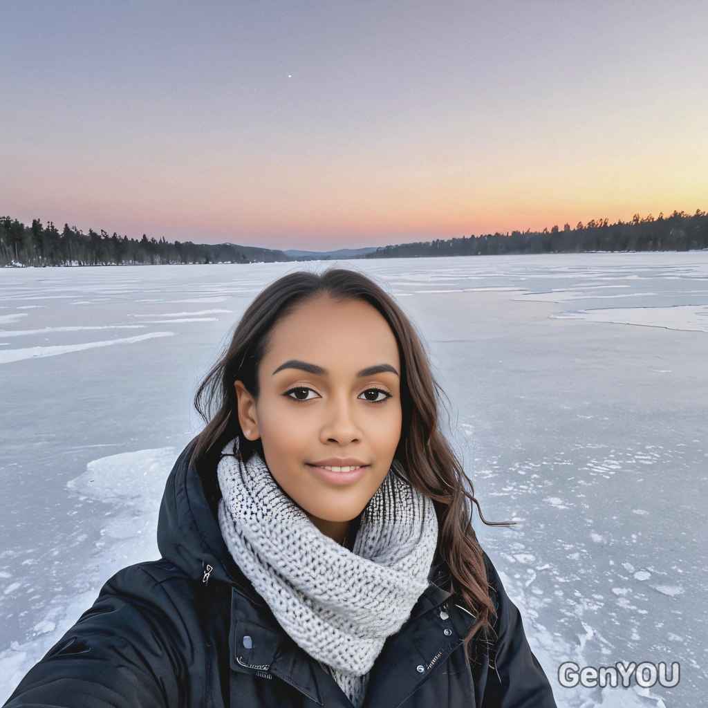 selfie, on a frozen lake, the early morning sky just beginning to lighten