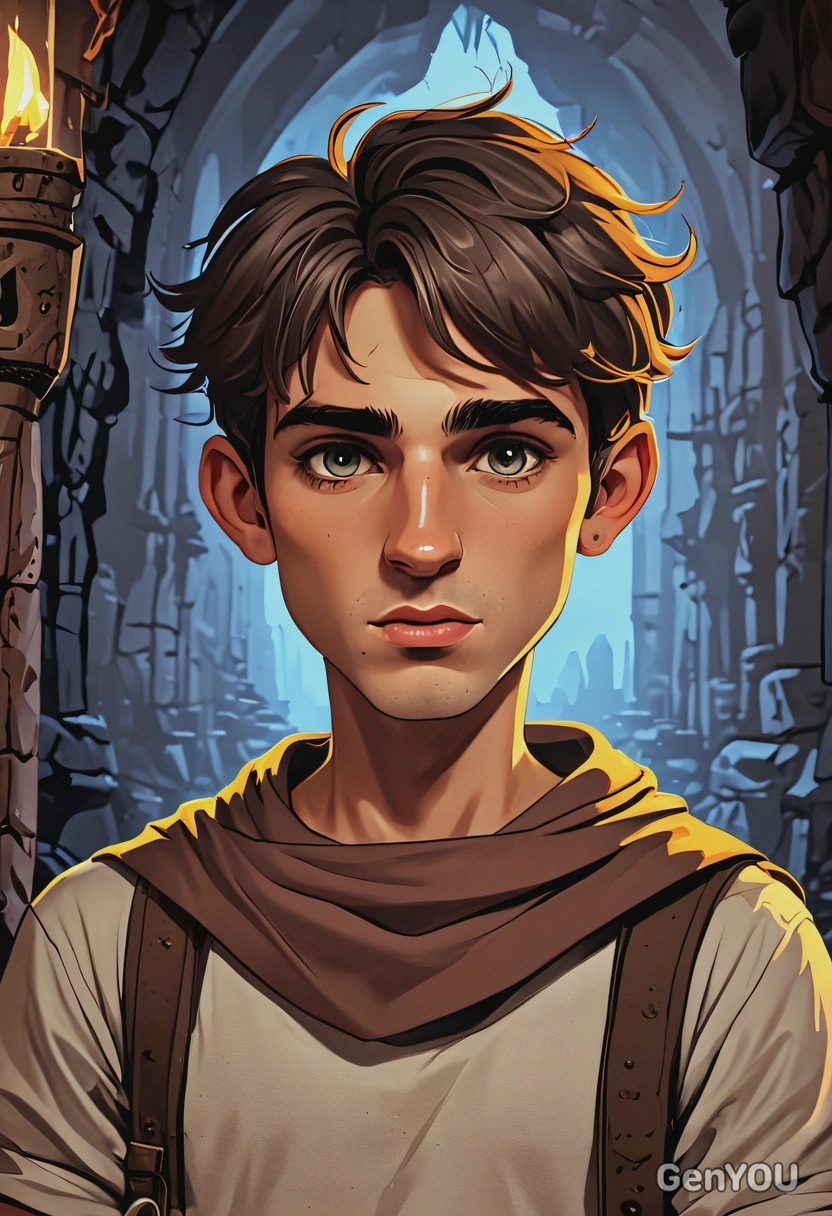 Hand-drawn flat cartoon style, Taran from The Black Cauldron, oversized cartoon big sparkling eyes, torchlight lighting, waist-up portrait, ancient dungeon background