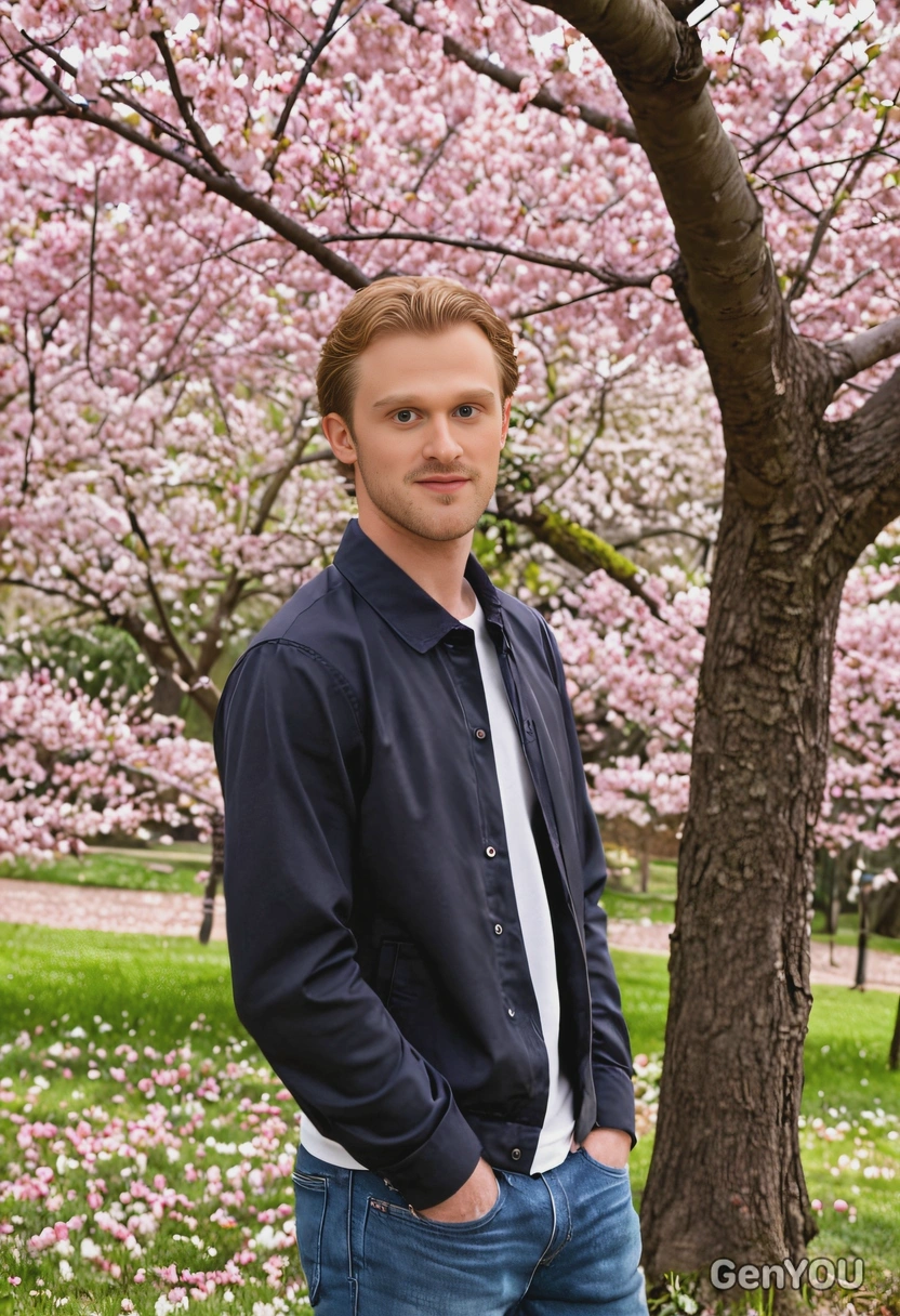 as a boyfriend standing under a cherry blossom tree, with soft petals falling around them in a serene park