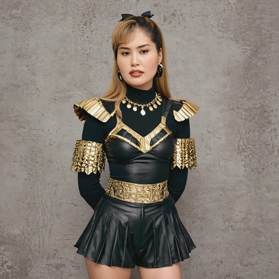outfit inspired  by BLACKPINK's Lalisa, wearing a gold and black outfit with bold accessories, mid shot photo